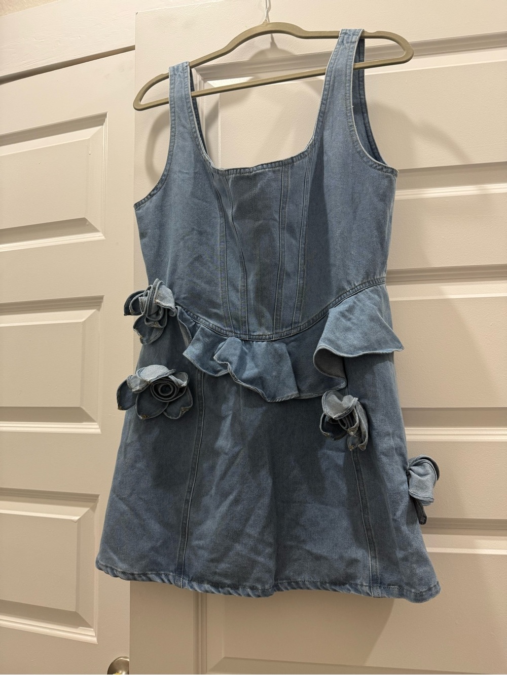 Showpo Light Blue Denim Mini Dress with Ruffle & Floral Appliqués